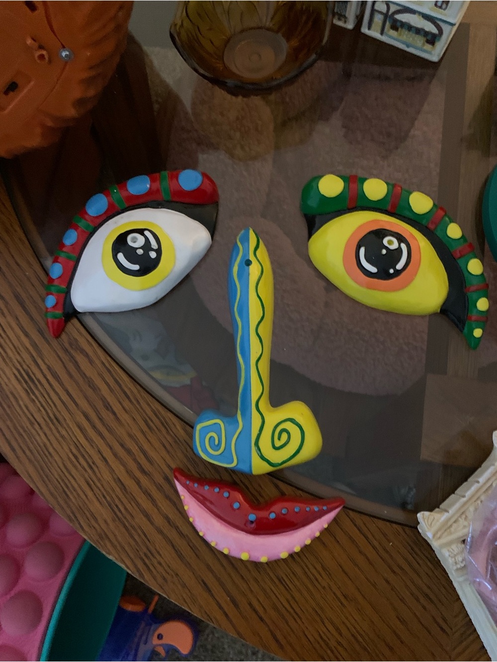 Hand-Painted Mexican Folk Art Handmade Wall Face Set Eyes Nose Lips tree face